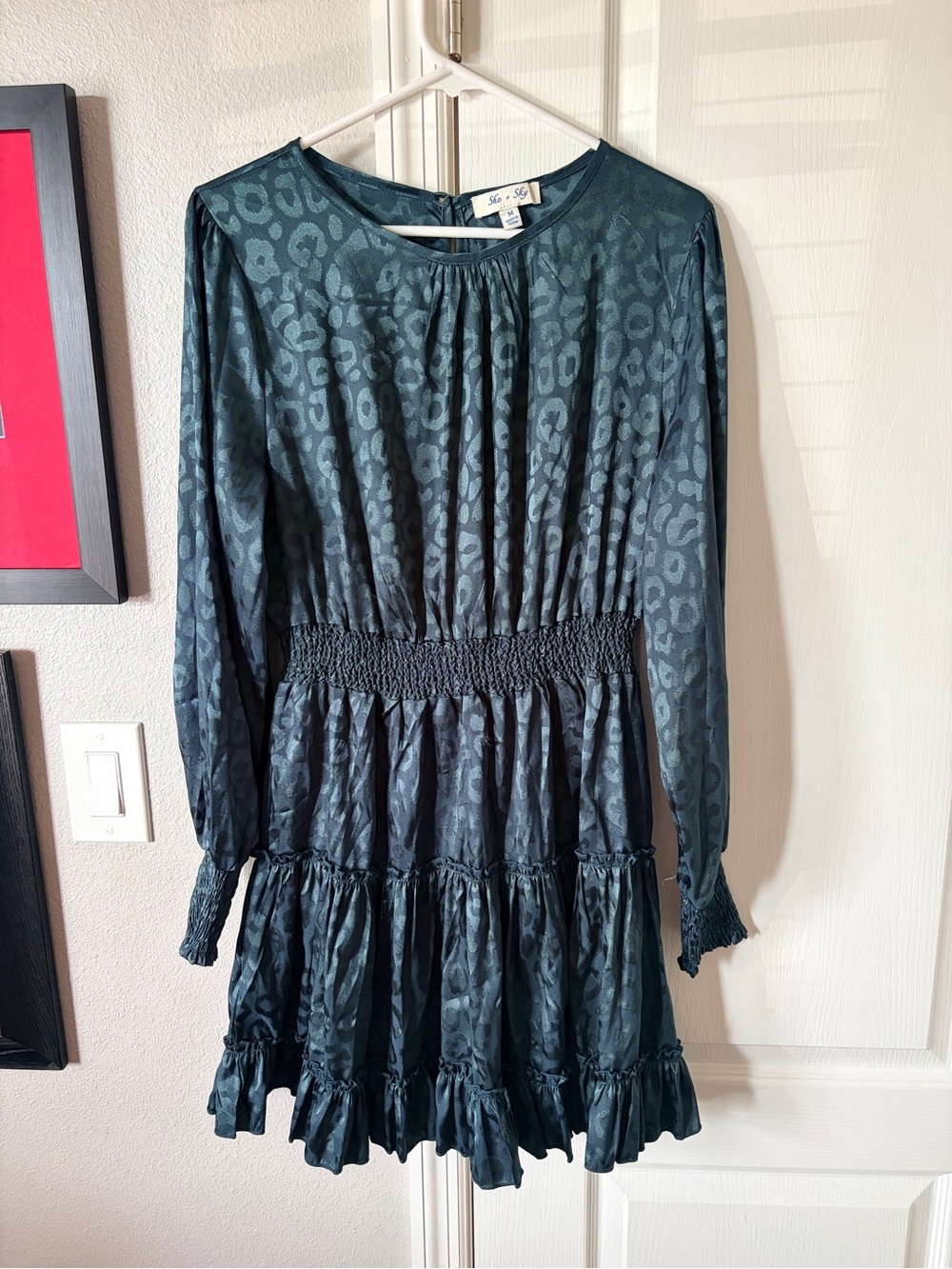 Silky Dark Teal Animal Print Smocked Waist Dress